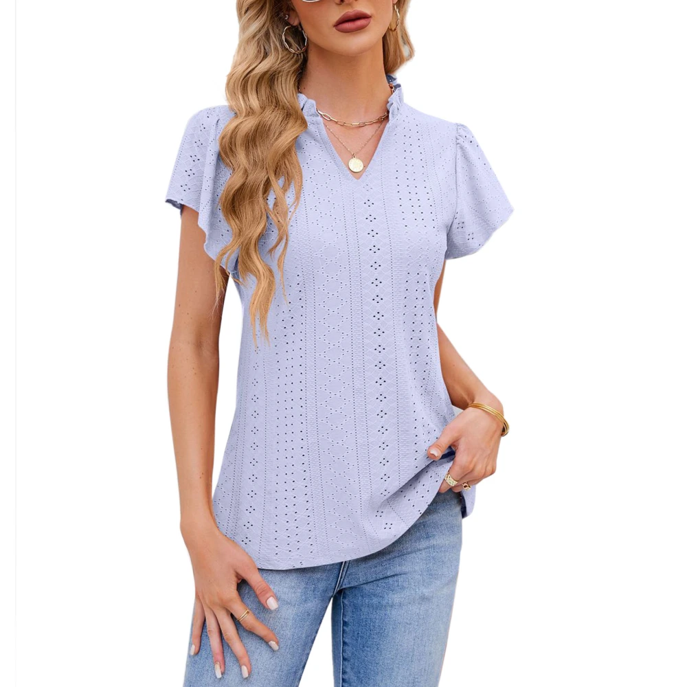 Plain Color Frill V Neck Top Blouse Women Loose Casual Ruffle Short Sleeve Crochet T Shirt for Office Purple M