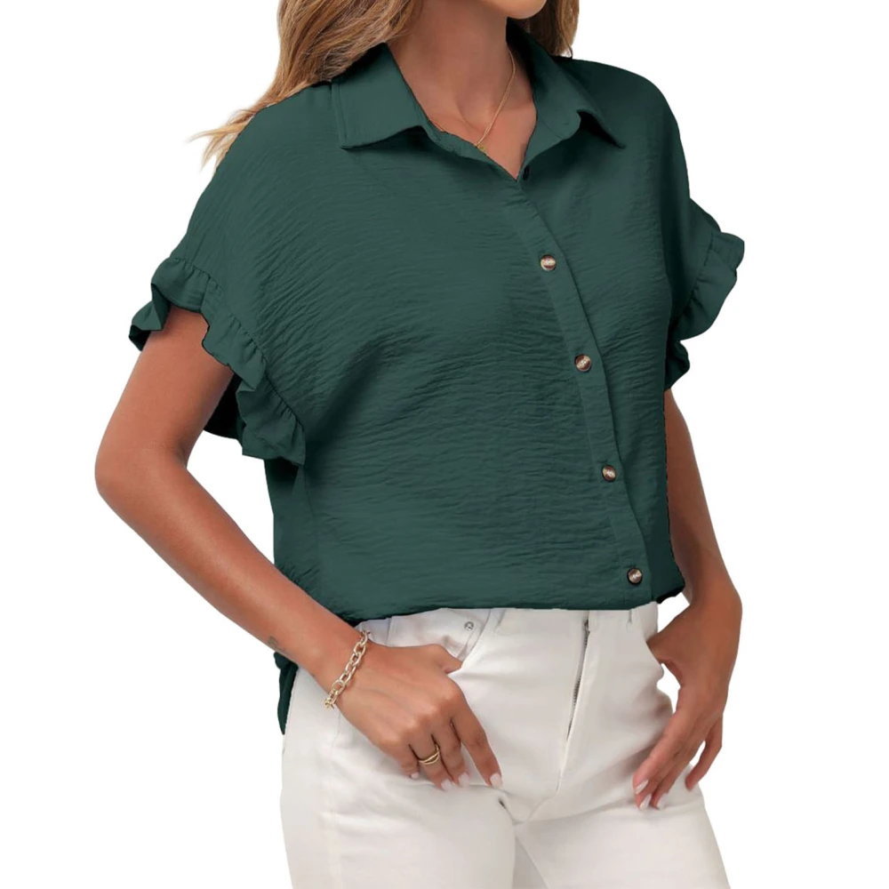 Women Short Ruffle Sleeve Shirts Turn Down Collar Pure Color Button Closure Summer Casual Blouse Green L