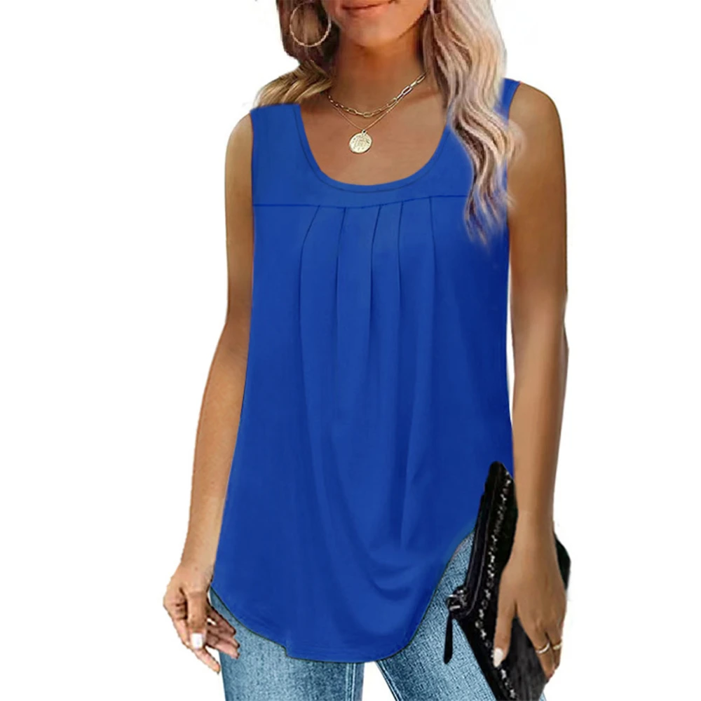 Women Sleeveless Top Loose Fit Solid Color Crewneck Pleated Fashion Clothing for Travel Shopping Blue XXL