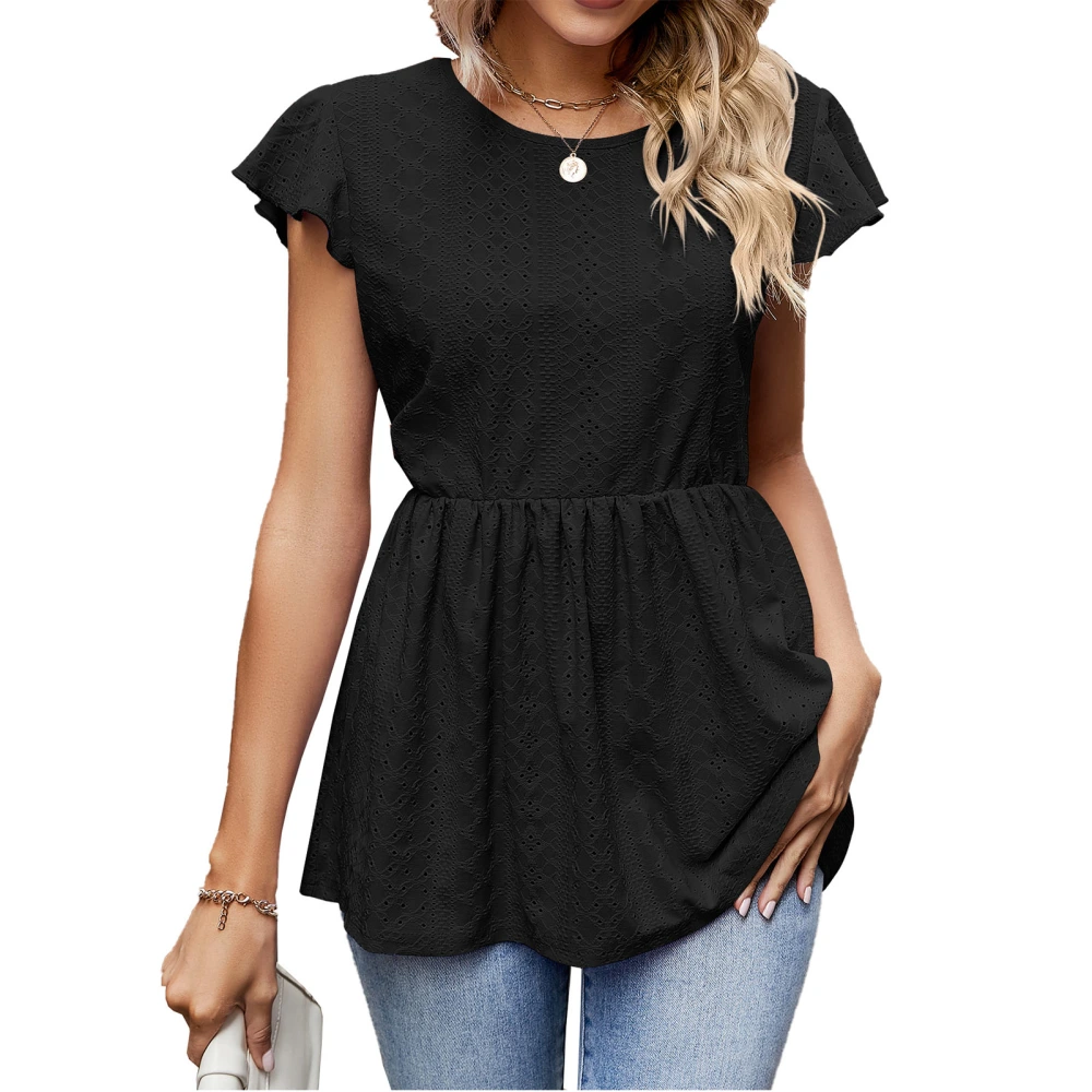 Woman Flowy Tunic Tops Crewneck Eyelet Tops Sleeveless Ruffle Trim Loose Fit Lacing Strip Back Casual Shirts Black S