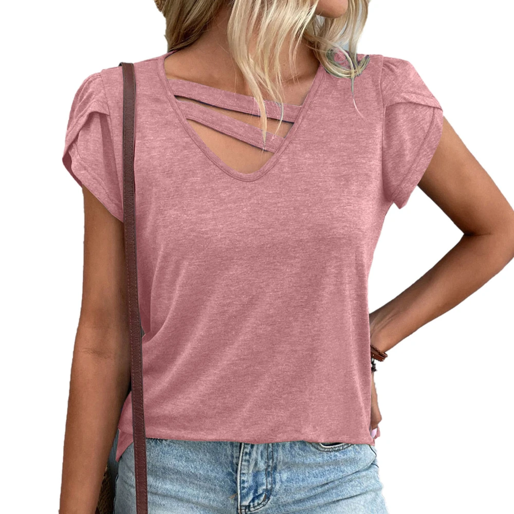 Women Summer Short Sleeve V Neck Loose Casual Style Pure Color Petal Sleeve Top for Dating Traveling Shopping Pink L