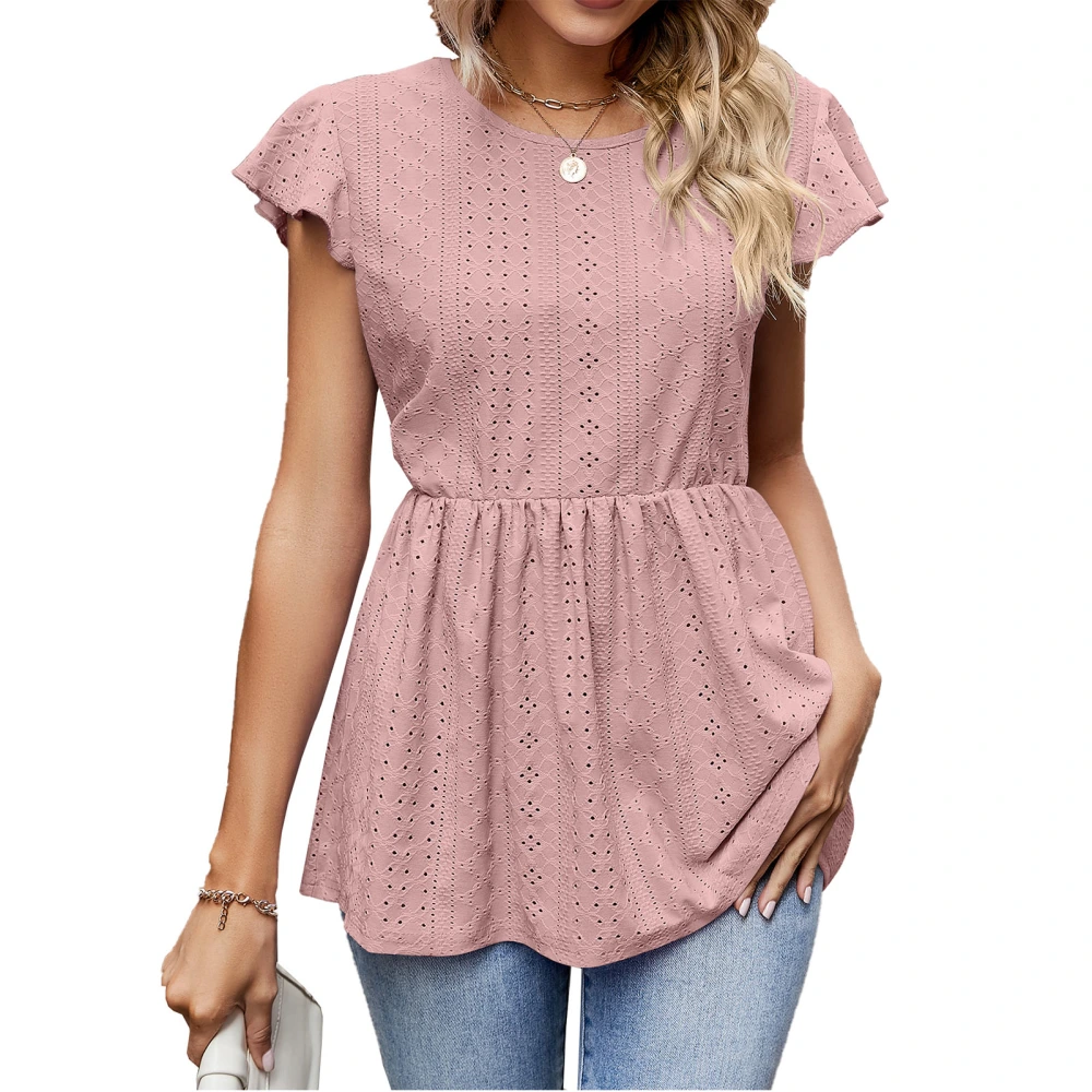 Woman Flowy Tunic Tops Crewneck Eyelet Tops Sleeveless Ruffle Trim Loose Fit Lacing Strip Back Casual Shirts Pink M