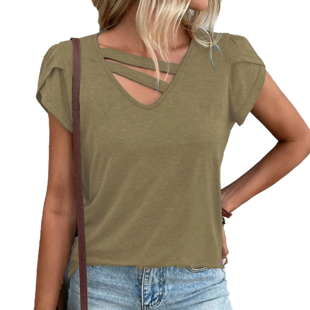 Women Summer Short Sleeve V Neck Loose Casual Style Pure Color Petal Sleeve Top for Dating Traveling Shopping Khaki S