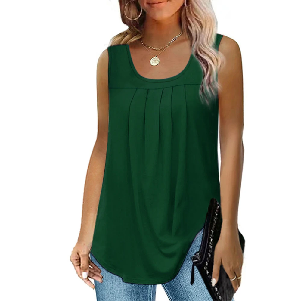 Women Sleeveless Top Loose Fit Solid Color Crewneck Pleated Fashion Clothing for Travel Shopping Green S