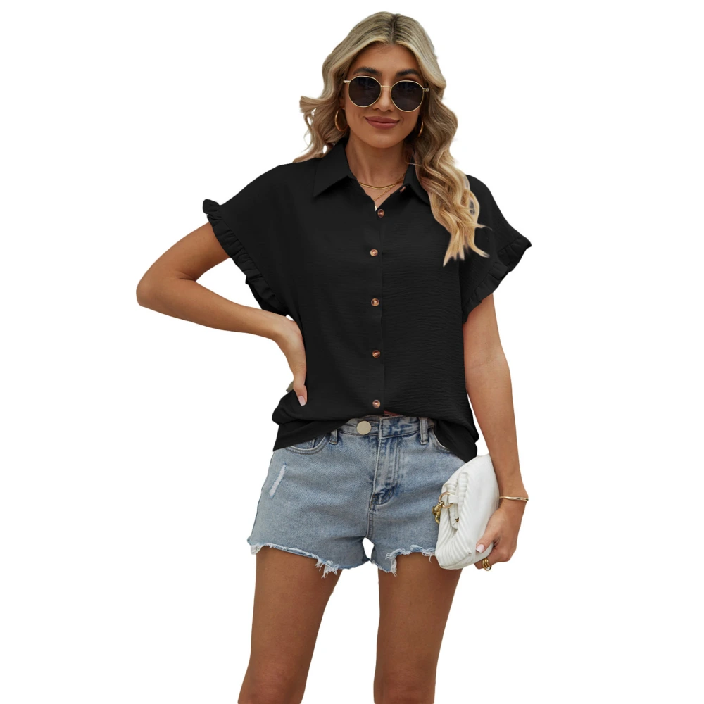 Summer Pleated Short Sleeve Blouse Solid Color Turn Down Collar Ruffle Cuff Loose Fit Button Down Shirt for Work Dating Black S