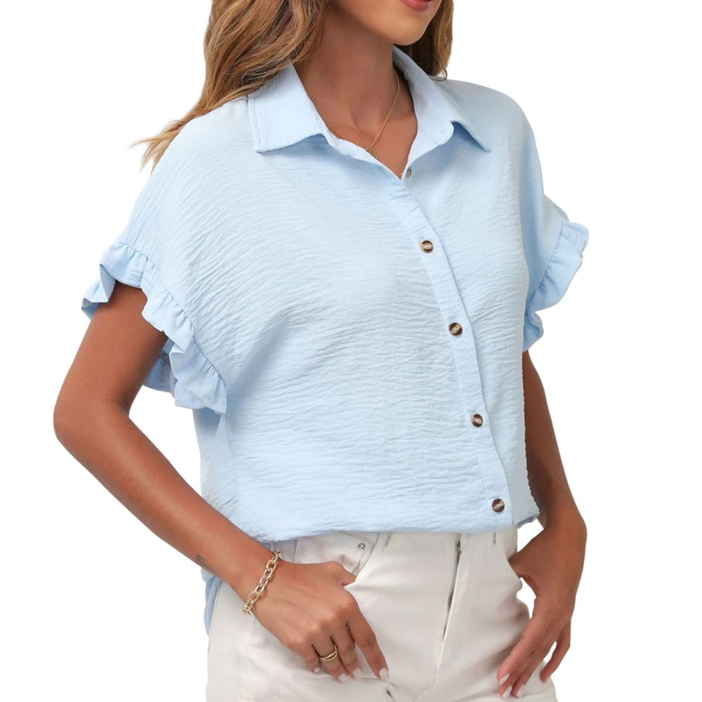 Women Short Ruffle Sleeve Shirts Turn Down Collar Pure Color Button Closure Summer Casual Blouse Light Blue M