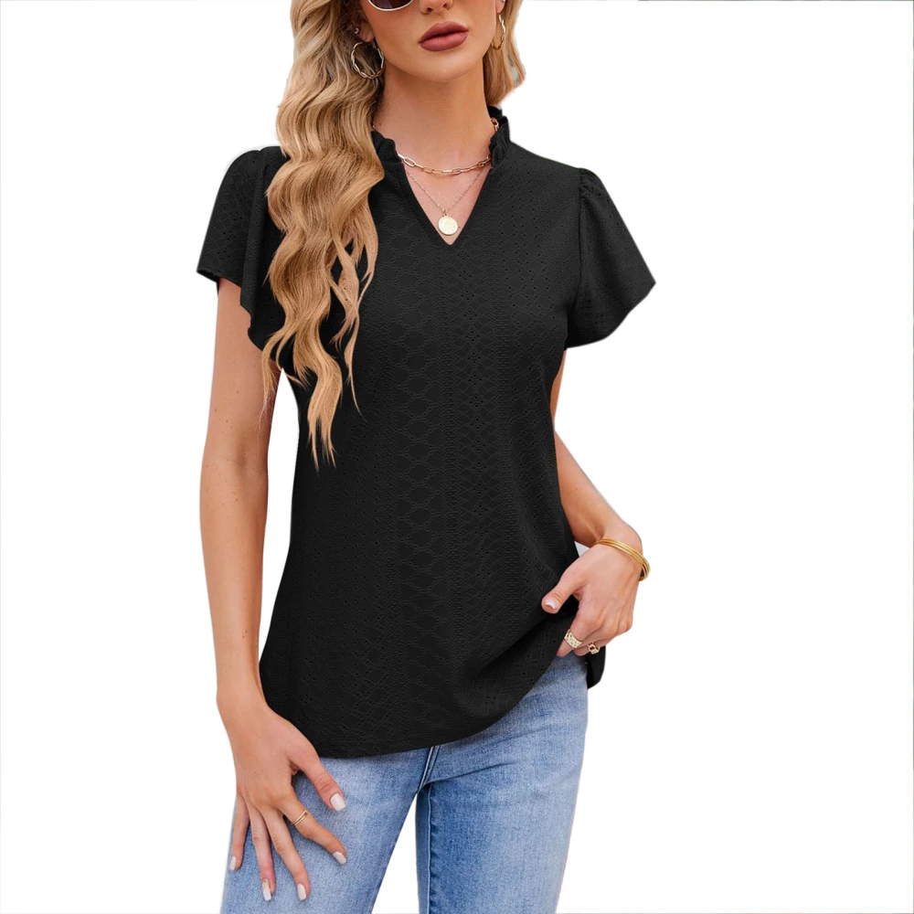 Plain Color Frill V Neck Top Blouse Women Loose Casual Ruffle Short Sleeve Crochet T Shirt for Office Black M