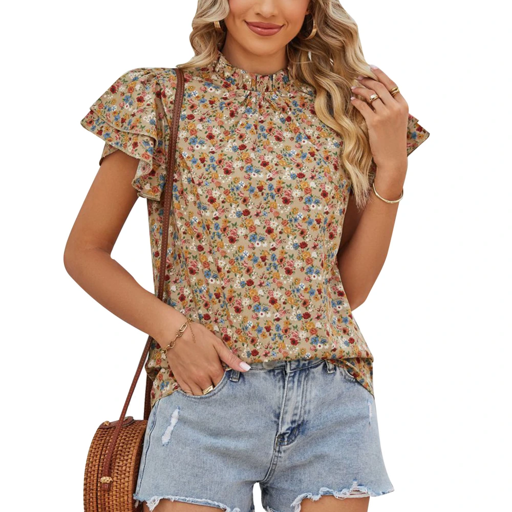 Women Short Sleeve Top Floral Print Frill Trim Fashionable Casual Blouse for Home Dating Work Khaki S