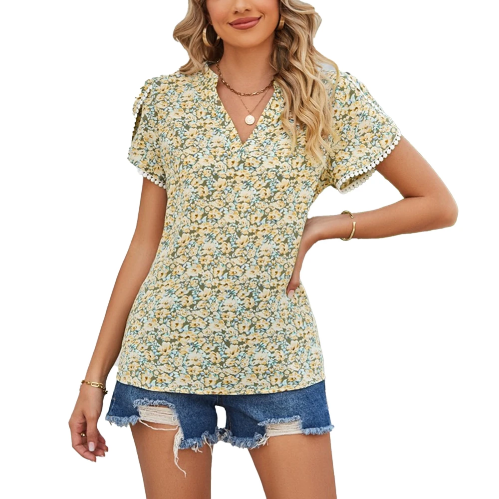 Women Short Sleeve Print Blouse V Neck Lace Cuffs Comfortable Fashionable Breathable Top for Office Shopping Pale Yellow M