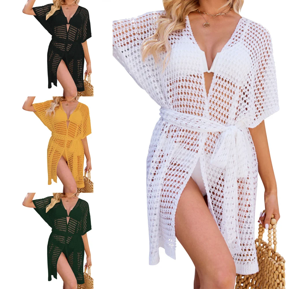 Women Bikini Cover Up Hollow Out Batwing Sleeve Plain Pattern Casual Breathable Beach Top White S