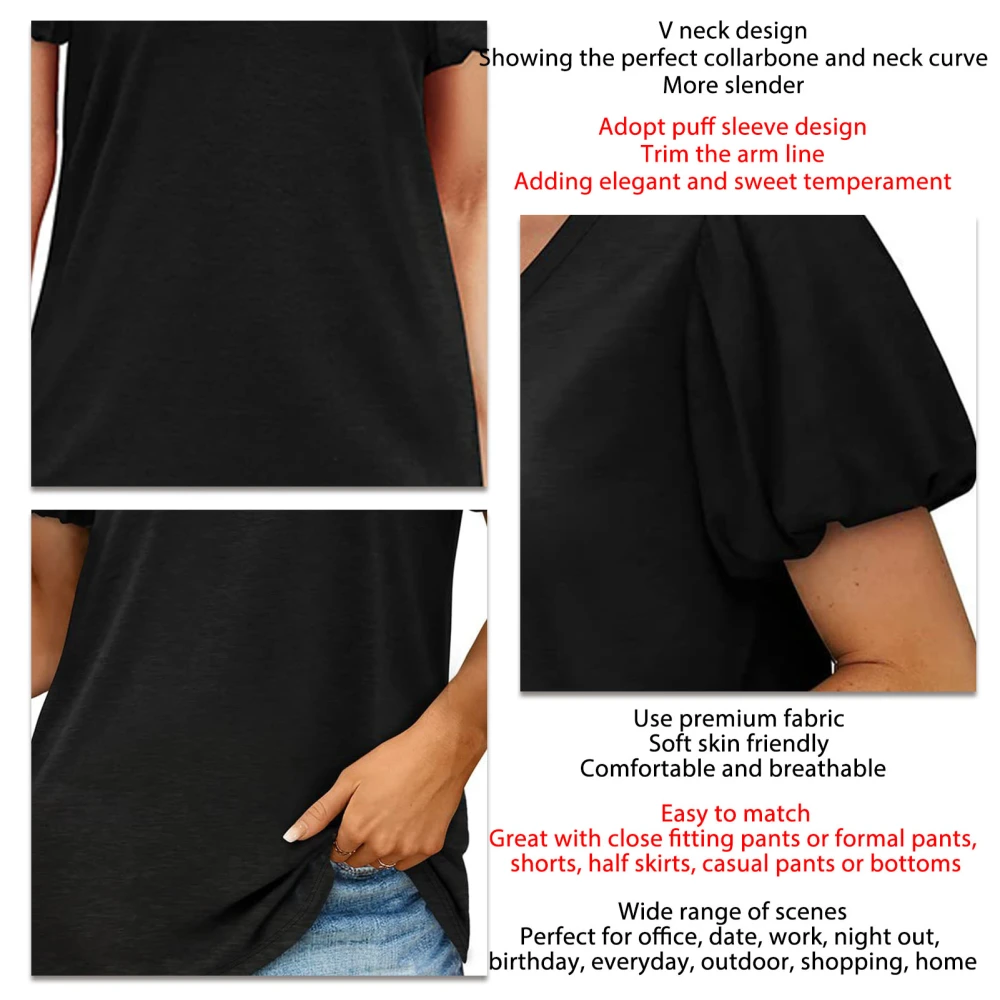 Womens V Neck Puff Short Sleeve T Shirts Fashion Casual Pure Color Loose Women Summer Tops for Daily Travel Shopping Black XL