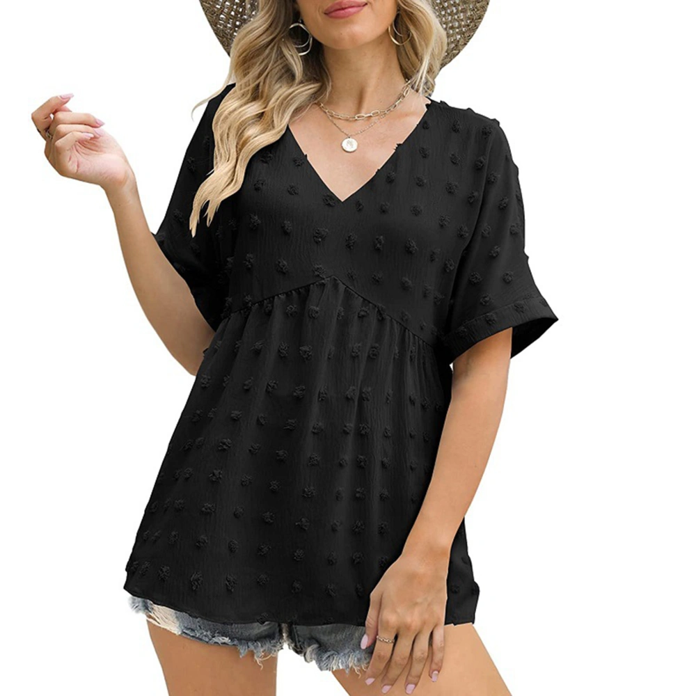 Women V Neck Pleated Top Fashionable Comfortable Skin Friendly Soft Breathable V Neck Pleated Blouse Black L