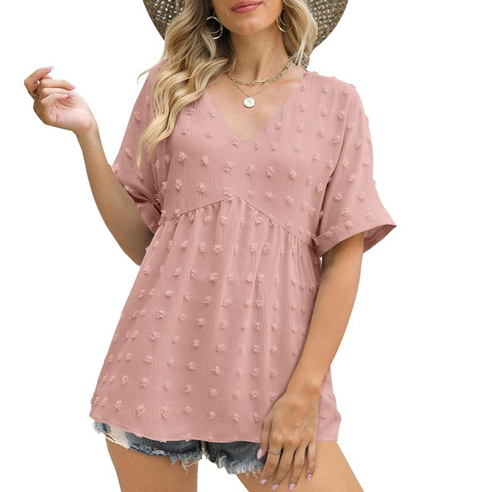 Women V Neck Pleated Top Fashionable Comfortable Skin Friendly Soft Breathable V Neck Pleated Blouse Pink L