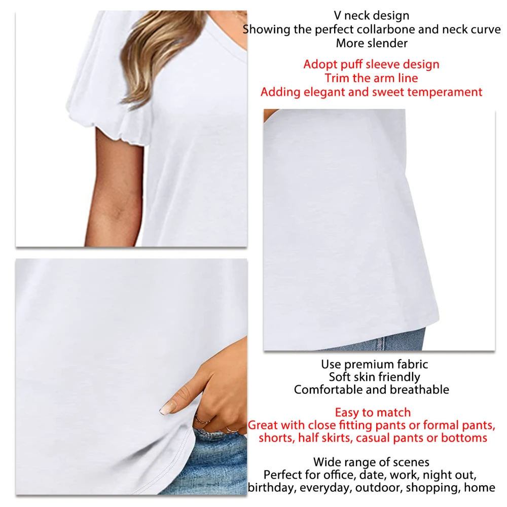 Womens V Neck Puff Short Sleeve T Shirts Fashion Casual Pure Color Loose Women Summer Tops for Daily Travel Shopping White S