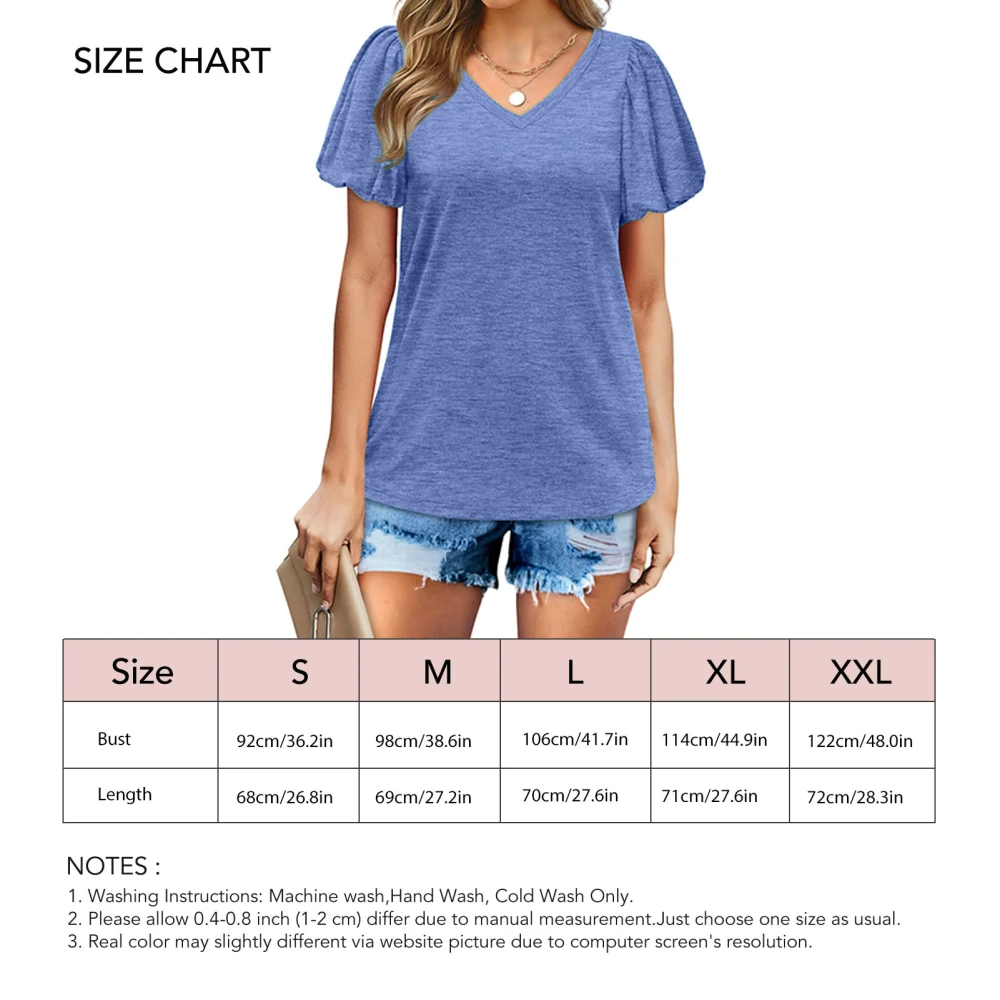 Womens V Neck Puff Short Sleeve T Shirts Fashion Casual Pure Color Loose Women Summer Tops for Daily Travel Shopping Blue M