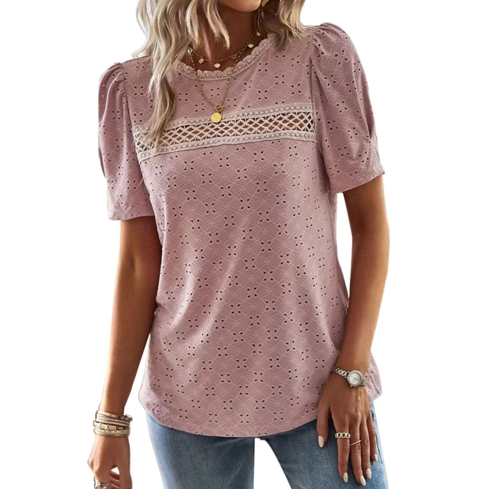 Lace Short Sleeve T Shirt Polyester Casual Breathable Comfortable Round Neck Top For Women Pink S