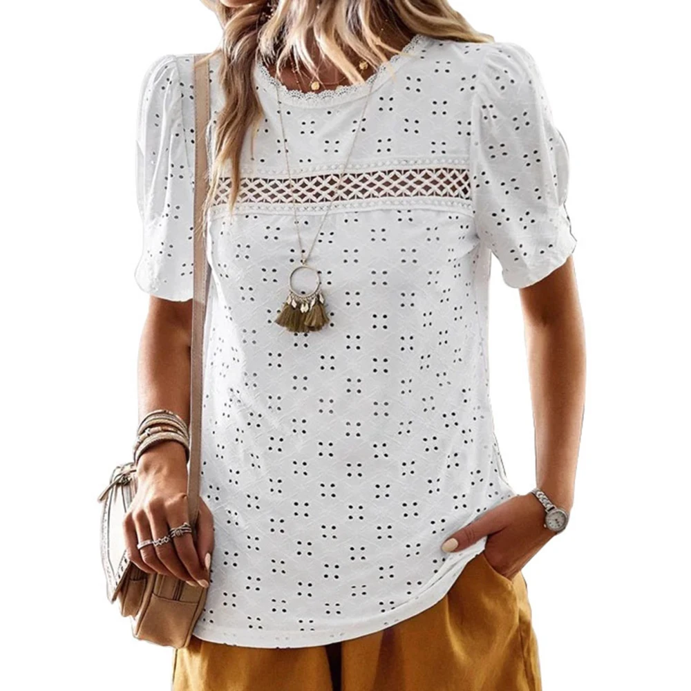 Lace Short Sleeve T Shirt Polyester Casual Breathable Comfortable Round Neck Top For Women White XL