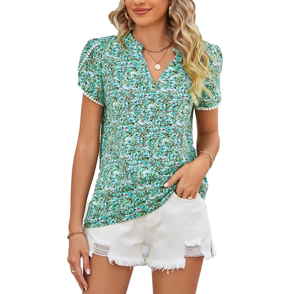 Women Short Sleeve Print Blouse V Neck Lace Cuffs Comfortable Fashionable Breathable Top for Office Shopping Light Green XXL