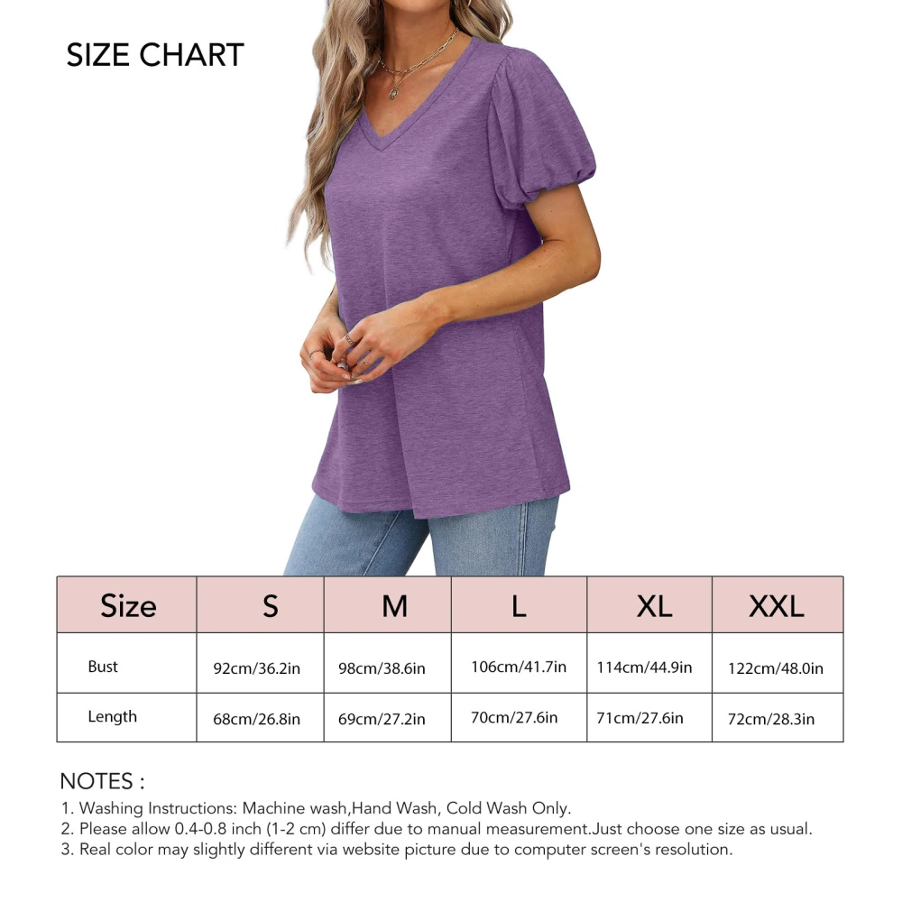 Womens V Neck Puff Short Sleeve T Shirts Fashion Casual Pure Color Loose Women Summer Tops for Daily Travel Shopping Purple M