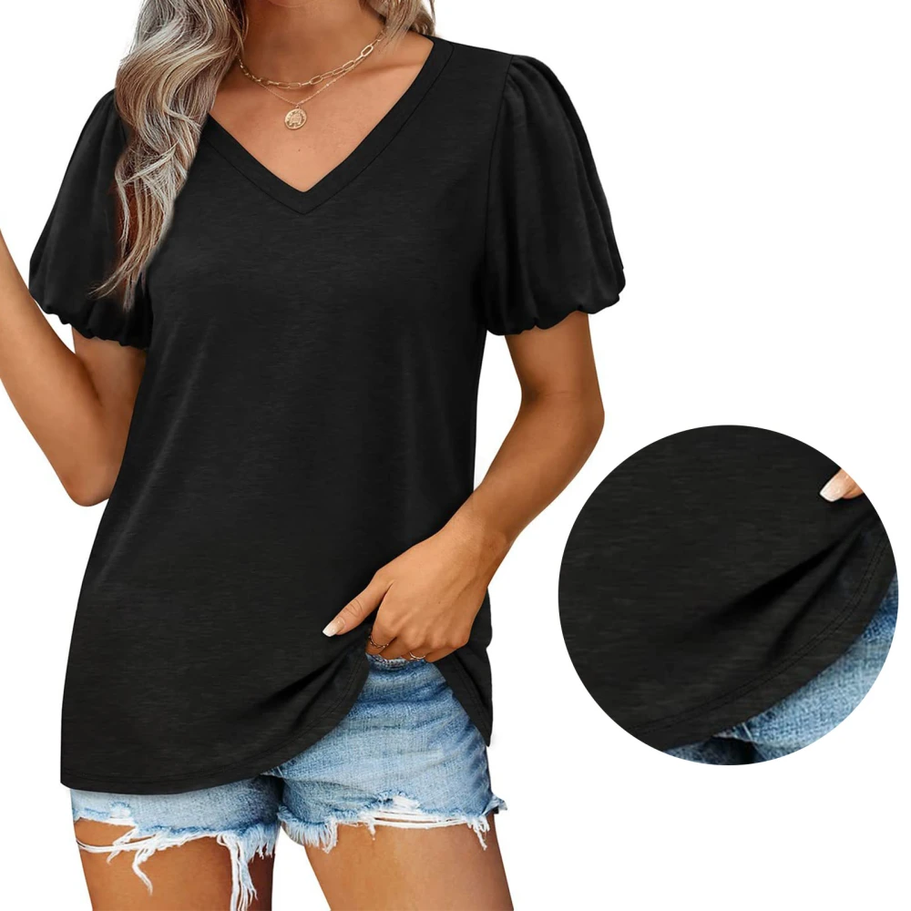 Womens V Neck Puff Short Sleeve T Shirts Fashion Casual Pure Color Loose Women Summer Tops for Daily Travel Shopping Black S