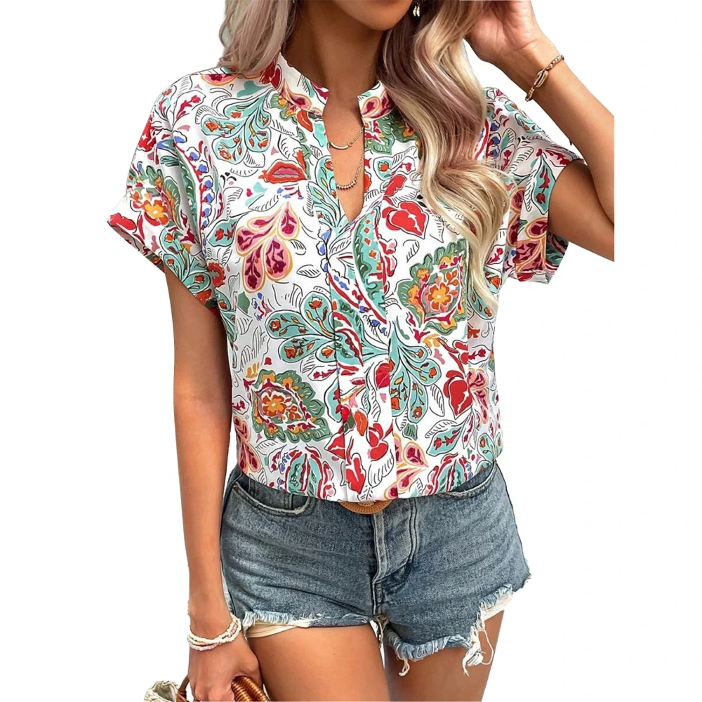 Women Short Sleeve Shirt V Neck Roll Hem Cuffs Blouse Print Decoration Girls Summer Top Green Print L