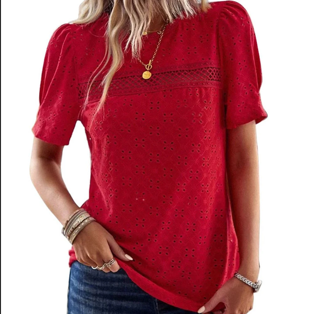 Lace Short Sleeve T Shirt Polyester Casual Breathable Comfortable Round Neck Top For Women Red S