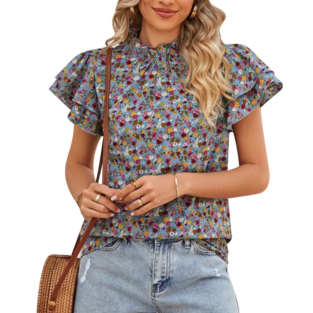 Women Short Sleeve Top Floral Print Frill Trim Fashionable Casual Blouse for Home Dating Work Light Blue XL