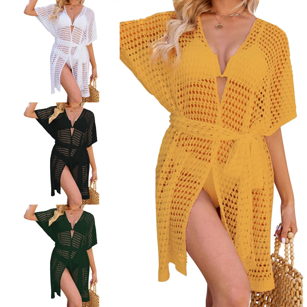 Women Bikini Cover Up Hollow Out Batwing Sleeve Plain Pattern Casual Breathable Beach Top Ginger M