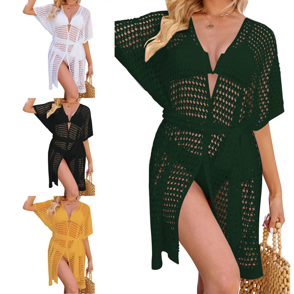 Women Bikini Cover Up Hollow Out Batwing Sleeve Plain Pattern Casual Breathable Beach Top Dark Green M