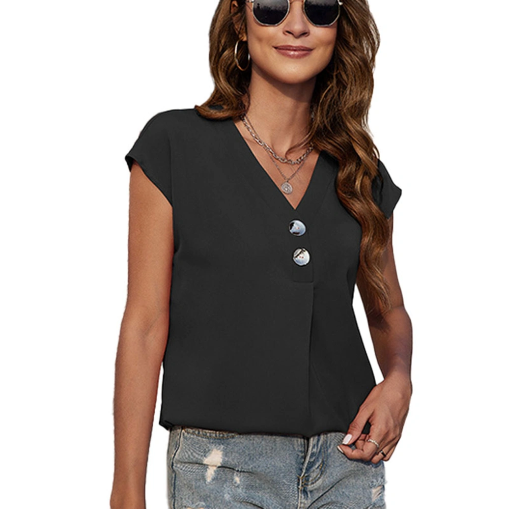 Women Chiffon Shirt V Neck Short Batswing Sleeve Front Metal Button Plain Pattern Casual Chiffon Blouse Top Black XL