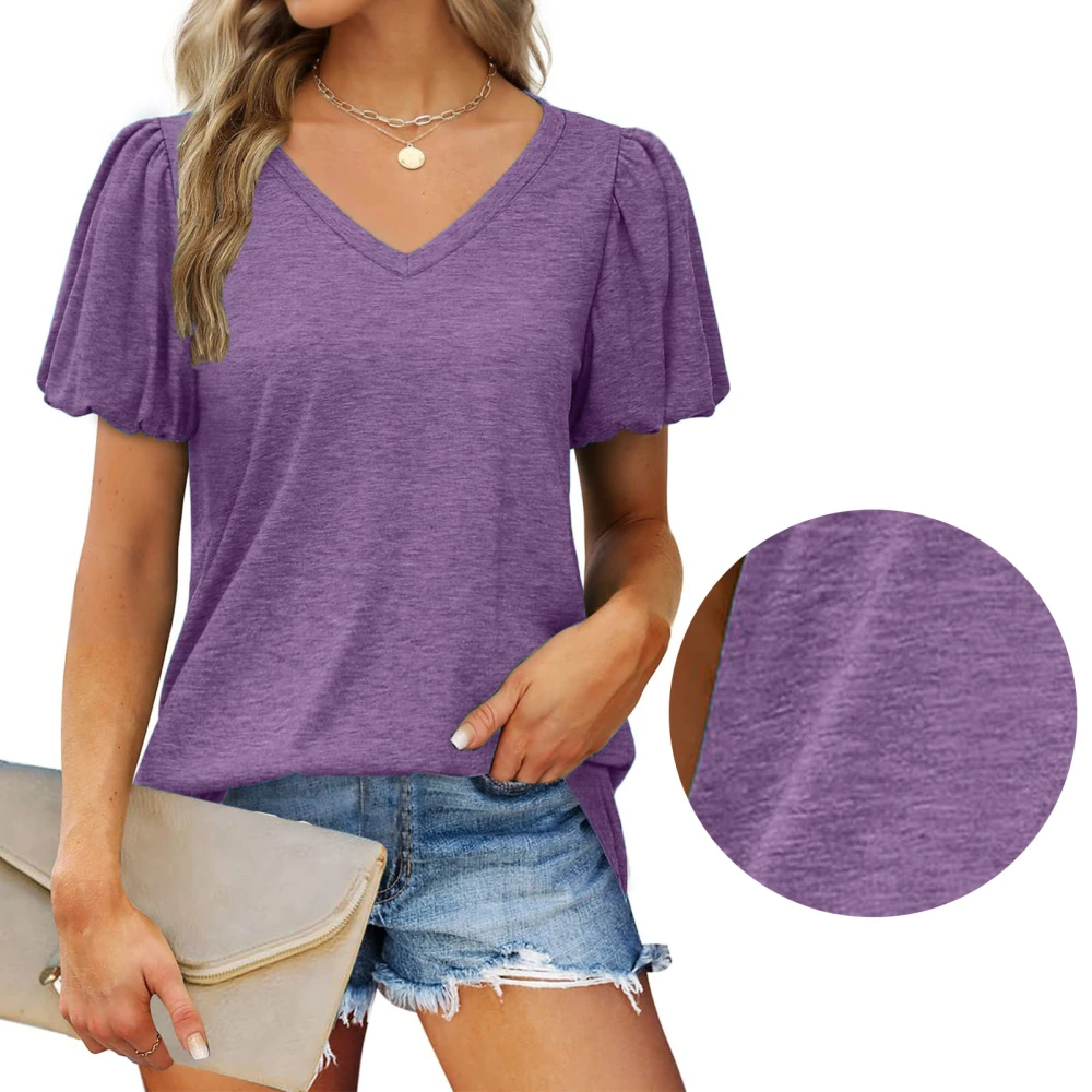 Womens V Neck Puff Short Sleeve T Shirts Fashion Casual Pure Color Loose Women Summer Tops for Daily Travel Shopping Purple XL