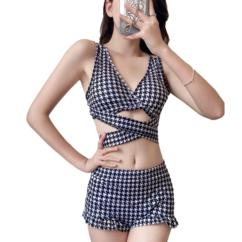 Women Houndstooth Bikini Set Fashionable Elegant Criss Cross Top 2 Piece Swimsuit Bathing Suit Swimsuit Free Size for 88.2‑132.3lb