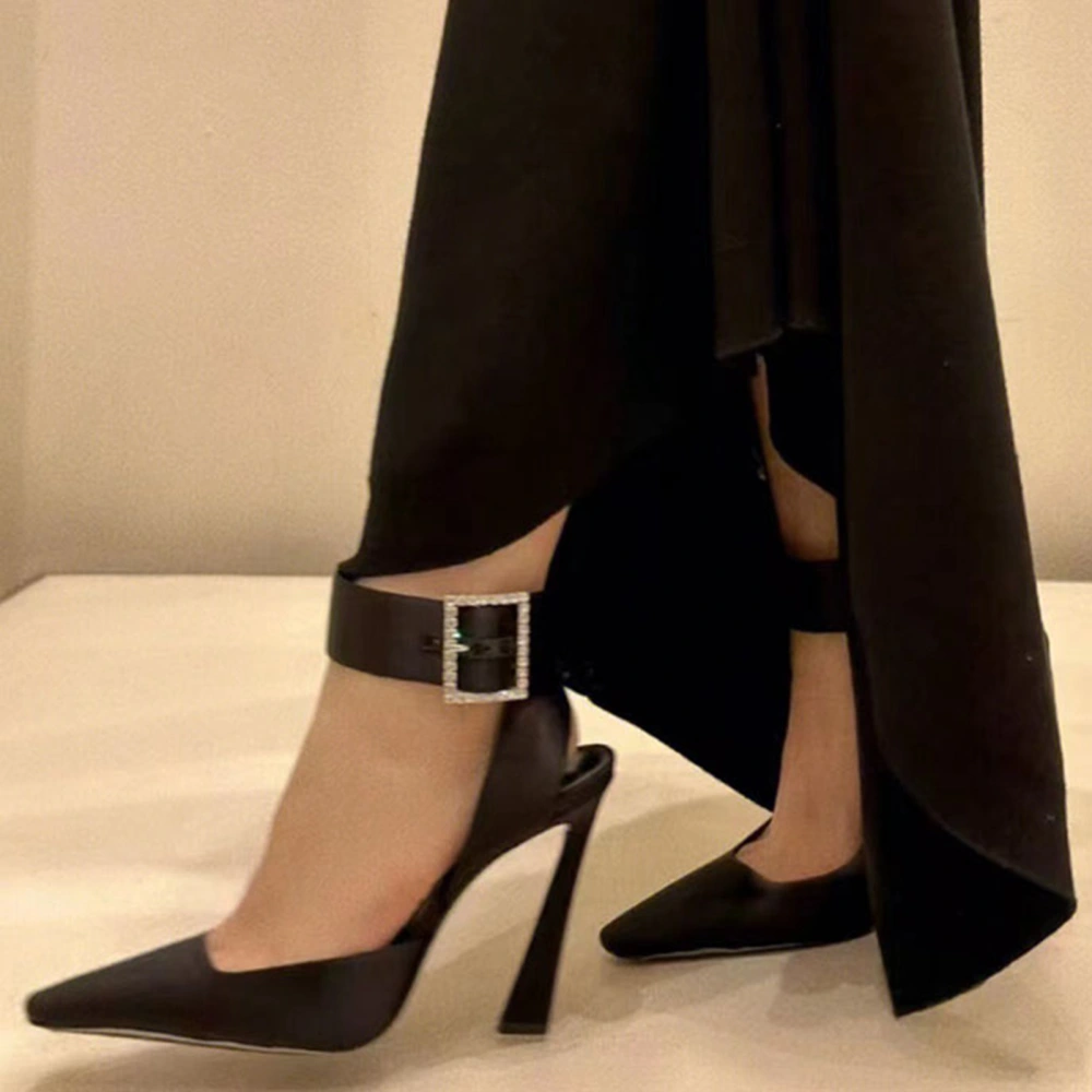 Women Ankle Strap Heeled Sandals Pointed Top Elegant 9.5cm Height Adjustable High Heels Black 38