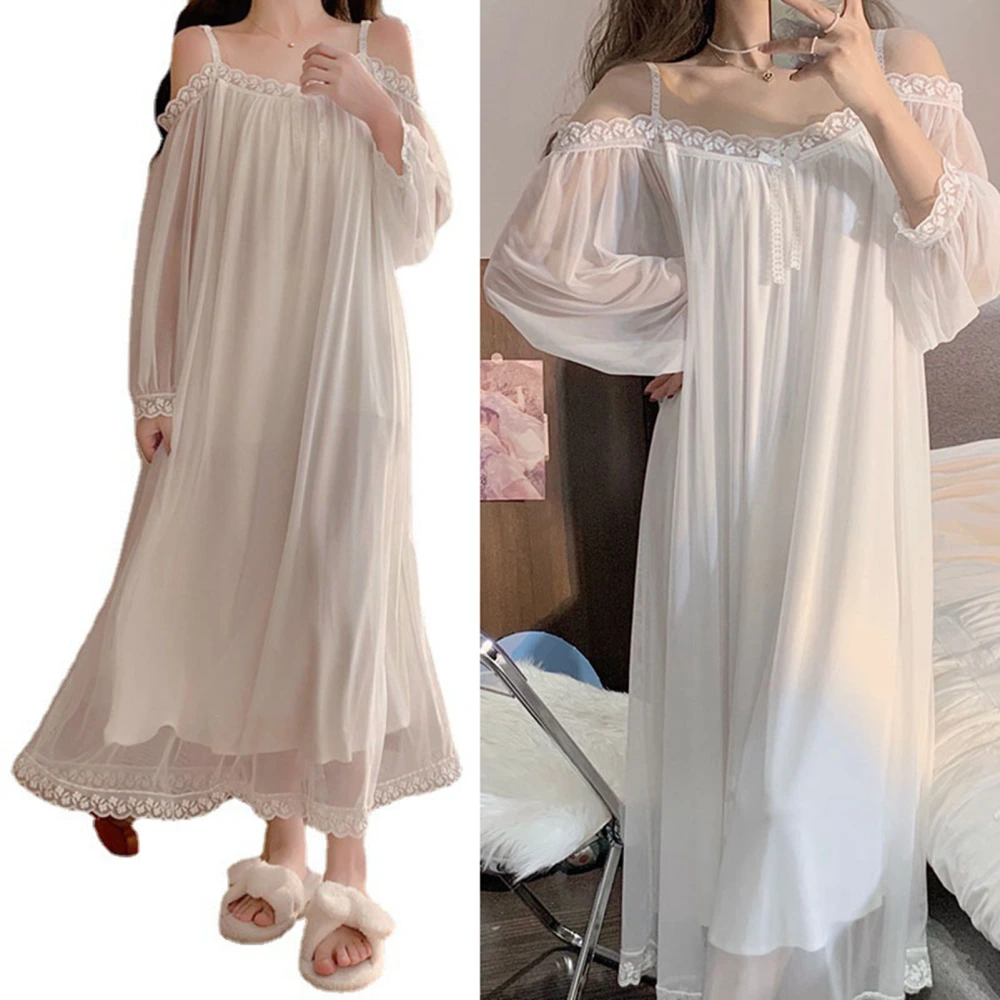 Mesh Nightdress Long Sleeve Off Shoulder Loose Fit Soft Breathable Women Nightgown for Spring Summer White M Recommended 40‑52.5kg / 88.2‑115.7lb