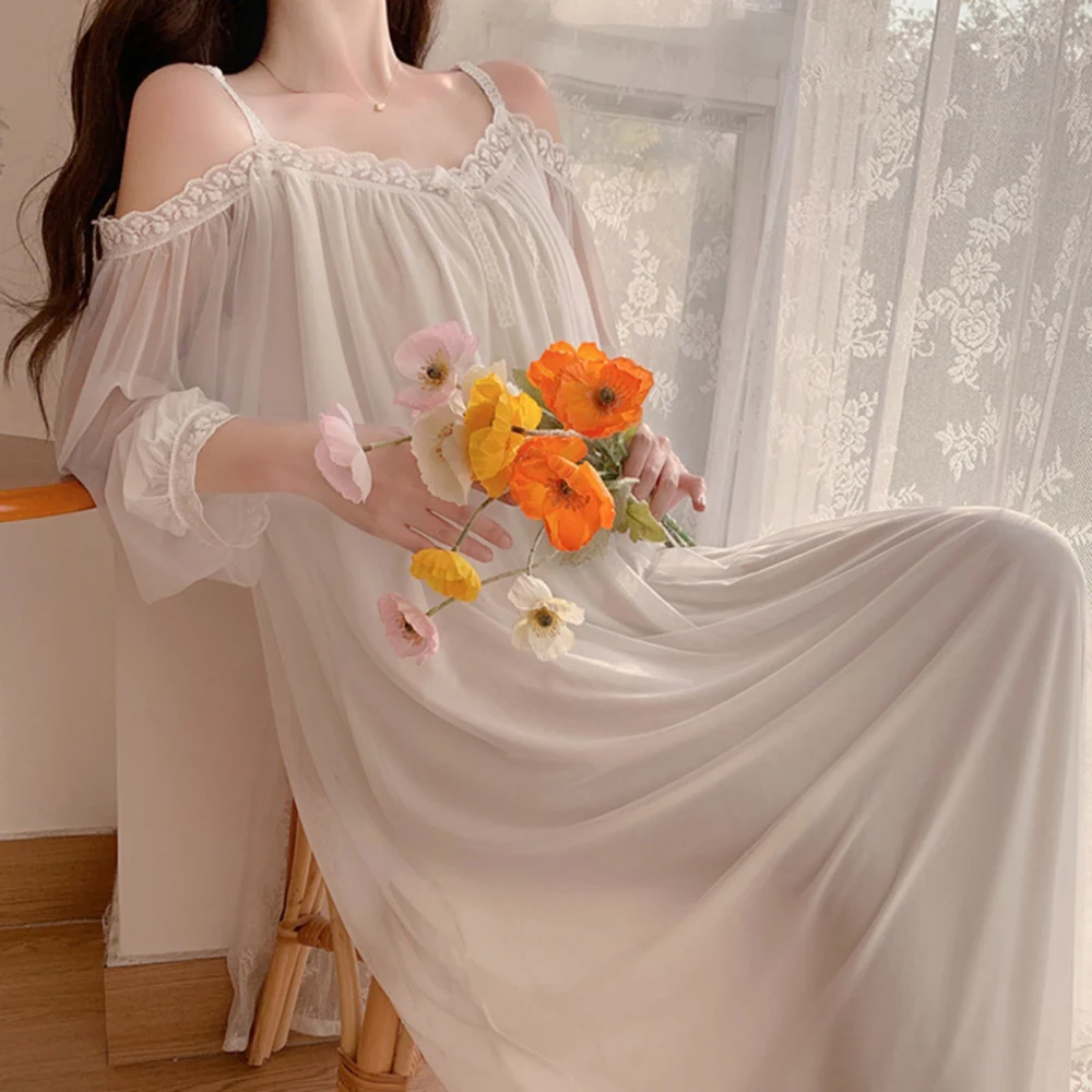 Mesh Nightdress Long Sleeve Off Shoulder Loose Fit Soft Breathable Women Nightgown for Spring Summer White L Recommended 52.5‑65kg / 115.7‑143.3lb