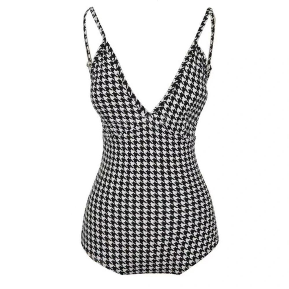 Women Deep V Neck One Piece Swimsuit Beach Party Spaghetti Strap Houndstooth Bathing Suit Houndstooth One Piece Swimsuit M