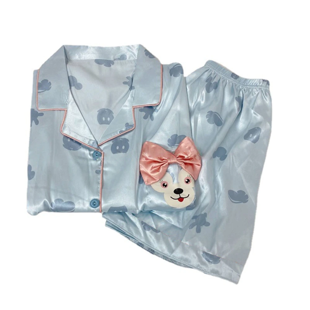 1 Set Women Silk Pajama Cute Print Short Sleeve Turn Down Collar Girls Ice Silk Pajama for Summer Blue M (Suggested 40‑50kg/88.2‑110.2lb)