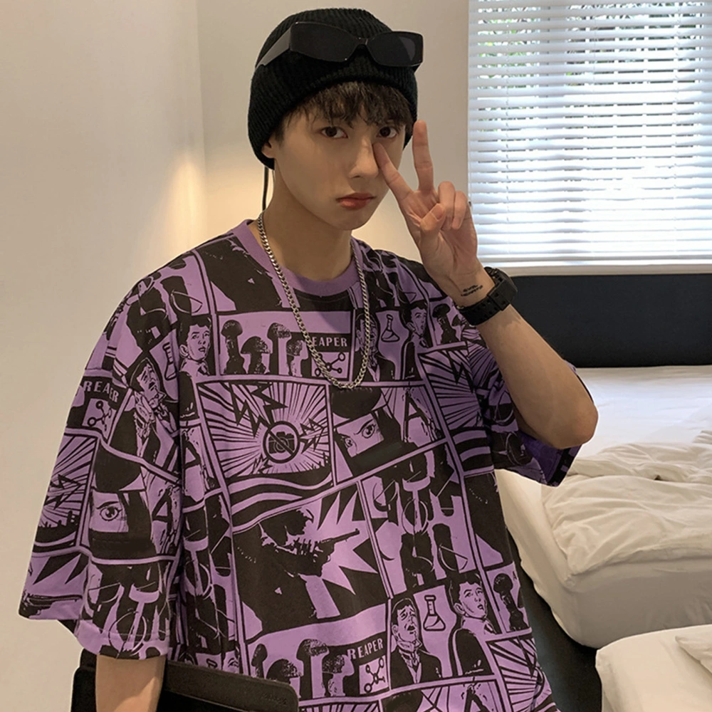 Men Comics Print Half Sleeve T Shirt Oversize Half Sleeve Casual Crew Neck Summer Tee Top Purple XL