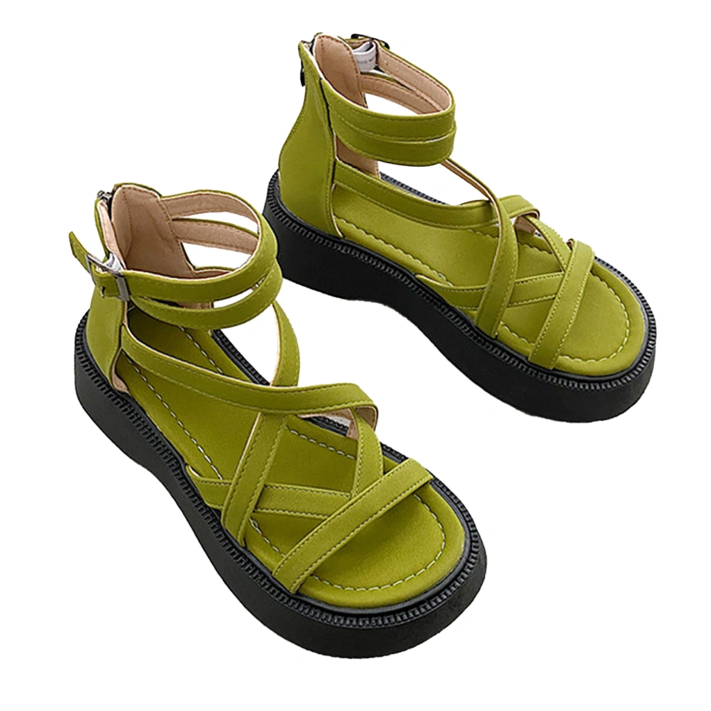 2pcs Soft Thick Sole Sandal Vintage Soft PU Leather Cross Strap Sandal for Women Lady Girl Summer Green 36