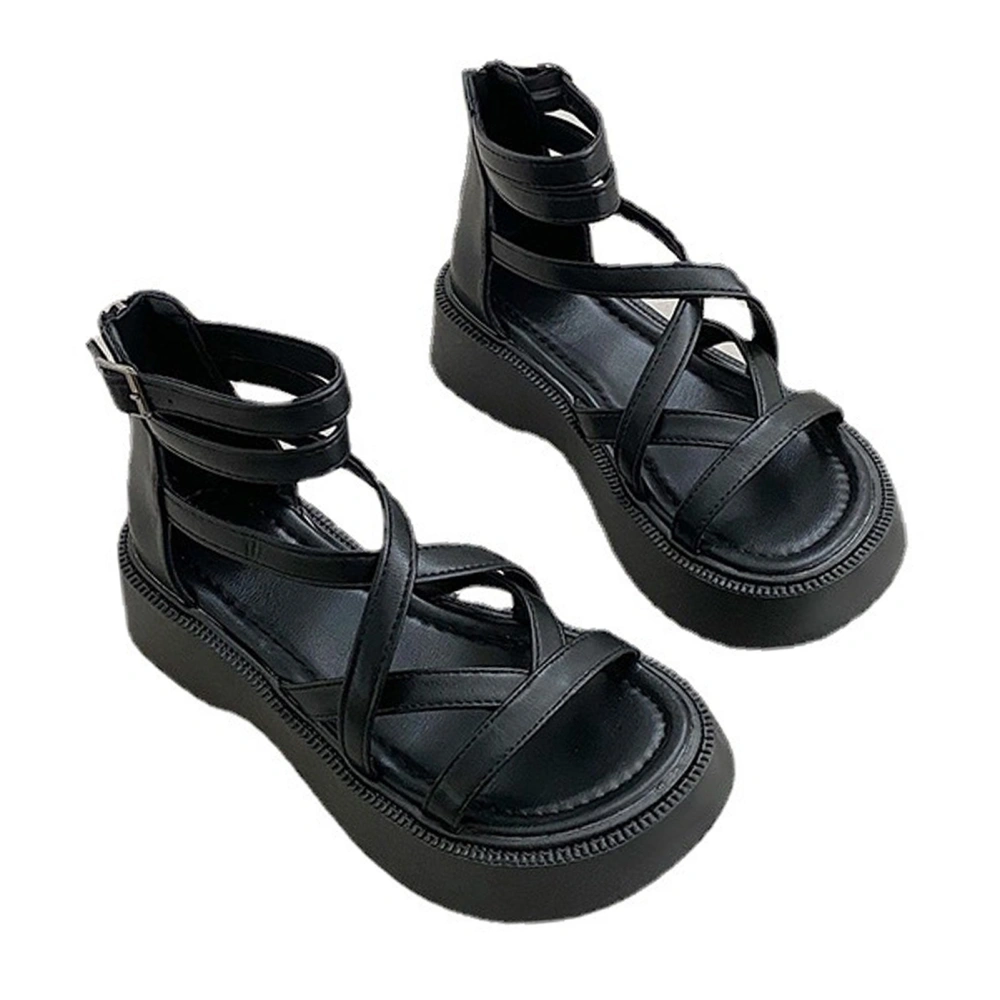 2pcs Soft Thick Sole Sandal Vintage Soft PU Leather Cross Strap Sandal for Women Lady Girl Summer Black 38