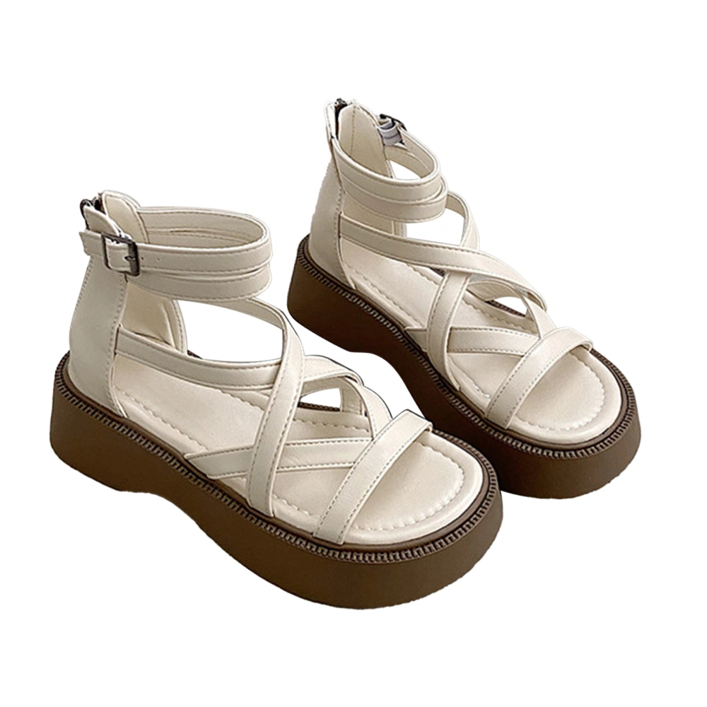 2pcs Soft Thick Sole Sandal Vintage Soft PU Leather Cross Strap Sandal for Women Lady Girl Summer Beige 36