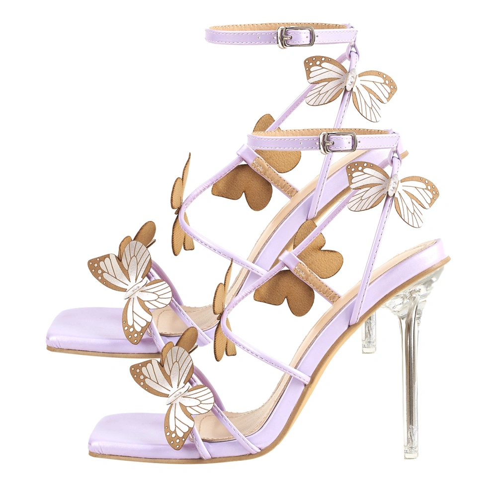 Women Ankle Strap Heeled Sandals Butterfly Open Toe Strappy Elegant Adjustable High Heels Purple Purple 37