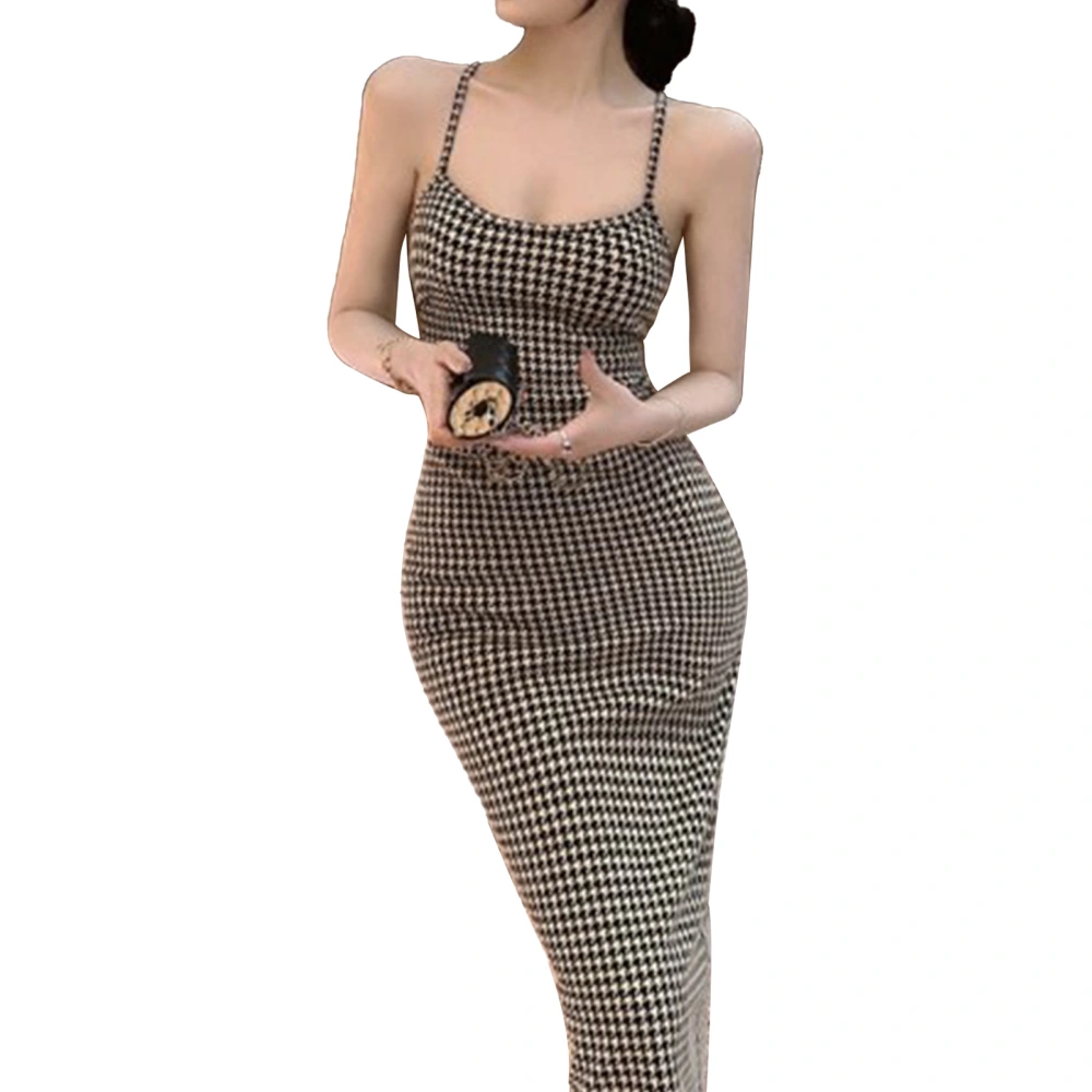 Women Strappy Slit Backless Dress Summer Fashionable Slimming Strap Wrap Dress for Dating Party Traveling Houndstooth Free Size (Suitable for 40kg-65kg)