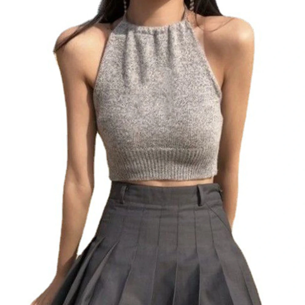 Women Summer Short Vest Halter Neck Backless Ribbed Knit Sleeveless Vest Tank Top for Female Grey Free Size 88.2‑132.3lb