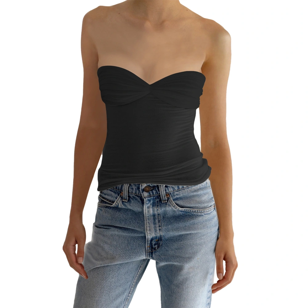 Strapless Off Shoulder Sleeveless Tank Top Women Fashionable Plain Color Slim Fit Ruched Tube Top Black XL