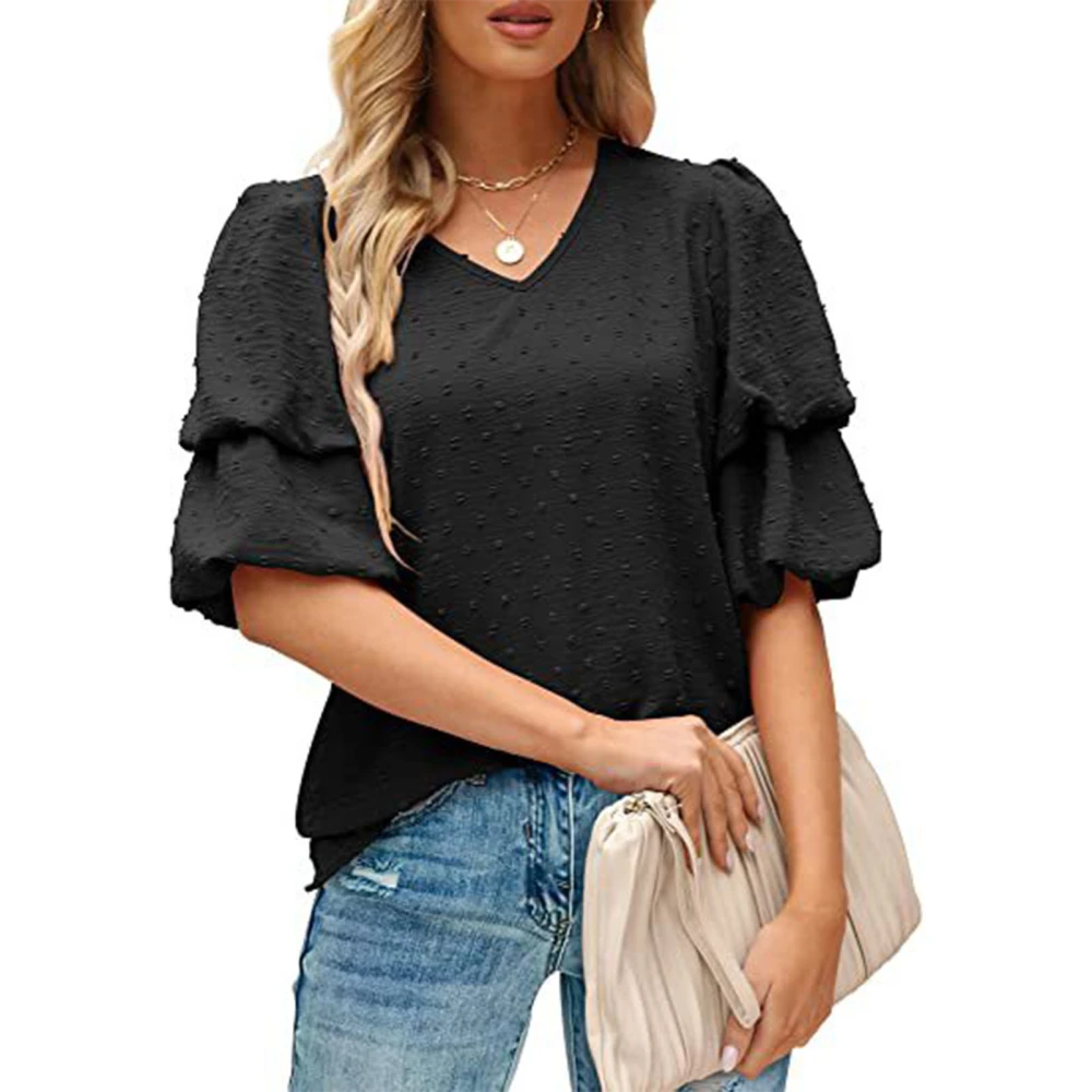 Woman Ruffle Short Sleeve Blouse V Neck Frill Puff Sleeve Plain Blouse Loose Fit Tops for Work Dating Black XL