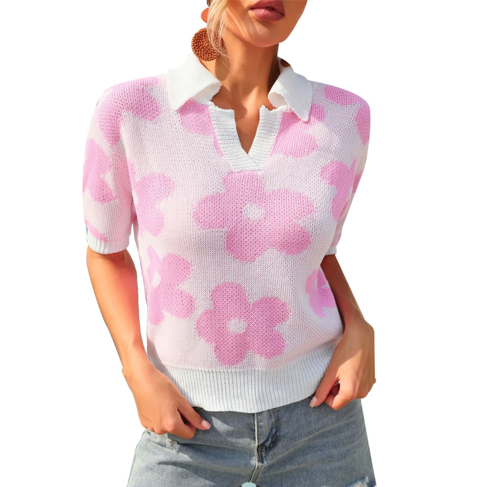 Casual Short Sleeve Knitted Blouse V Neck Turn Down Collar Floral Printed Short Sleeved Blouse Shirt Pink XL