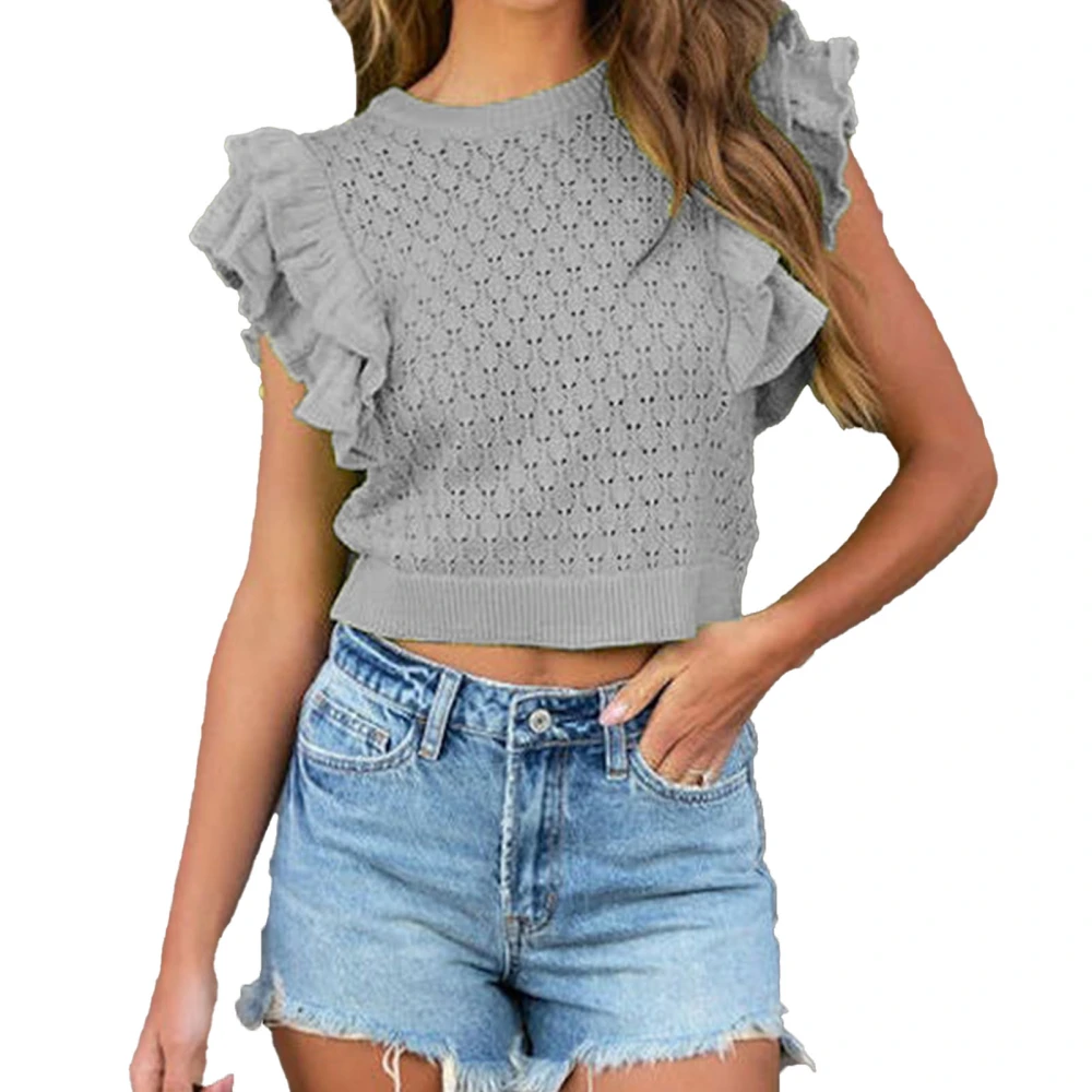 Women Round Collar Top Ruffle Sleeves Hollow Out Short Type Summer Casual Knitted T Shirt Grey XL