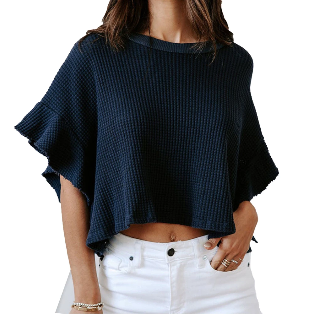 Short Sleeve Crewneck Knit Top Women Elegant Plain Color Ruffle Sleeve Sweater Shirt Blouse for Dating Navy Blue L