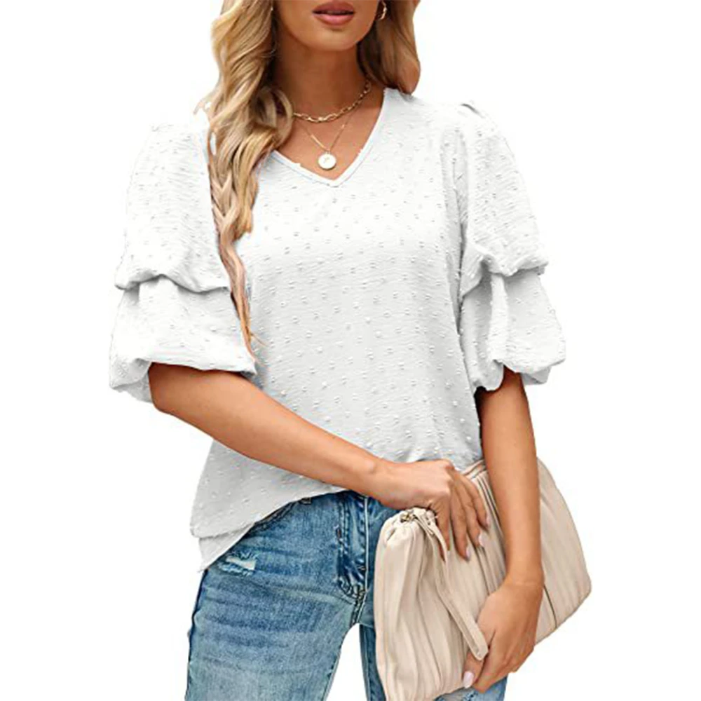 Woman Ruffle Short Sleeve Blouse V Neck Frill Puff Sleeve Plain Blouse Loose Fit Tops for Work Dating White XL